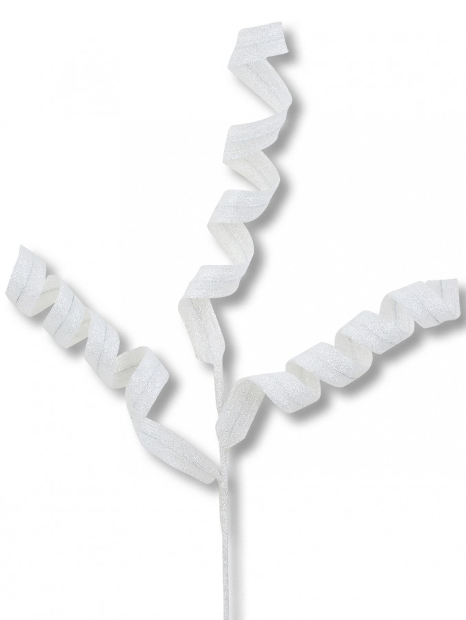 White Curly Ribbon Glitter Spray Stem With Posable Iridescent Branchlets | 60cm