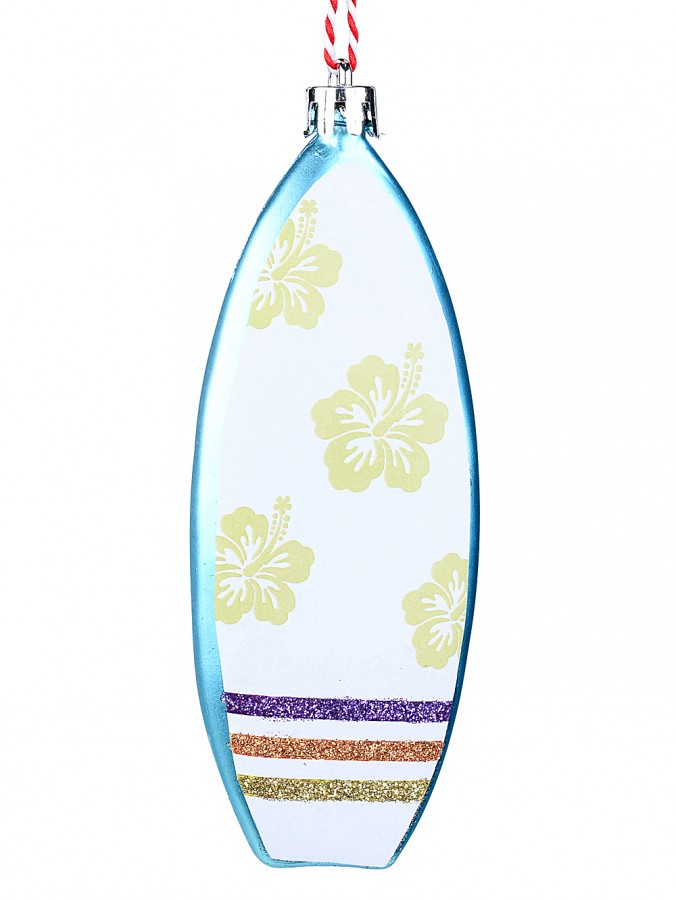 12cm Flower Print Teal Surfboard With Glitter Stripes Christmas Tree Ornament