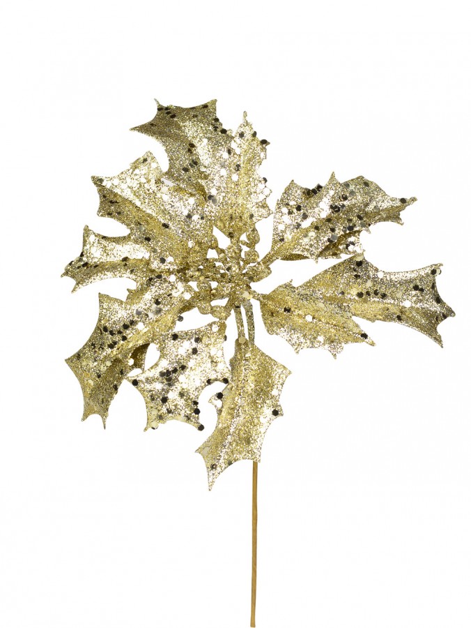 Champagne Glitter Holly Leaf Flower Decorative Christmas Floral Pick - 28cm