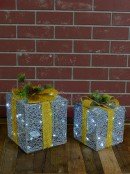 Glittered Grey Mesh 3D Gift Boxes With Bow & Warm White LED Lights - 30cm