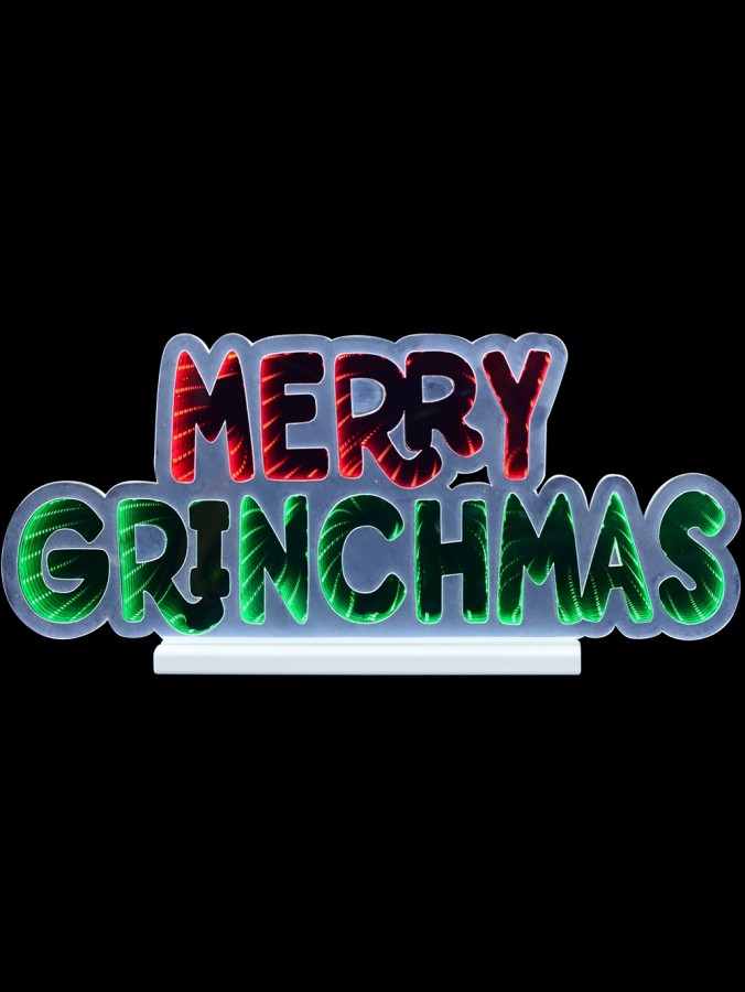 Red & Green ' Merry Grinchmas ' Infinity Mirror LED Light Display & Stand - 53cm