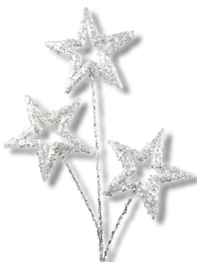 57cm White Christmas Stars Spray With Silver Glitter Long Stem