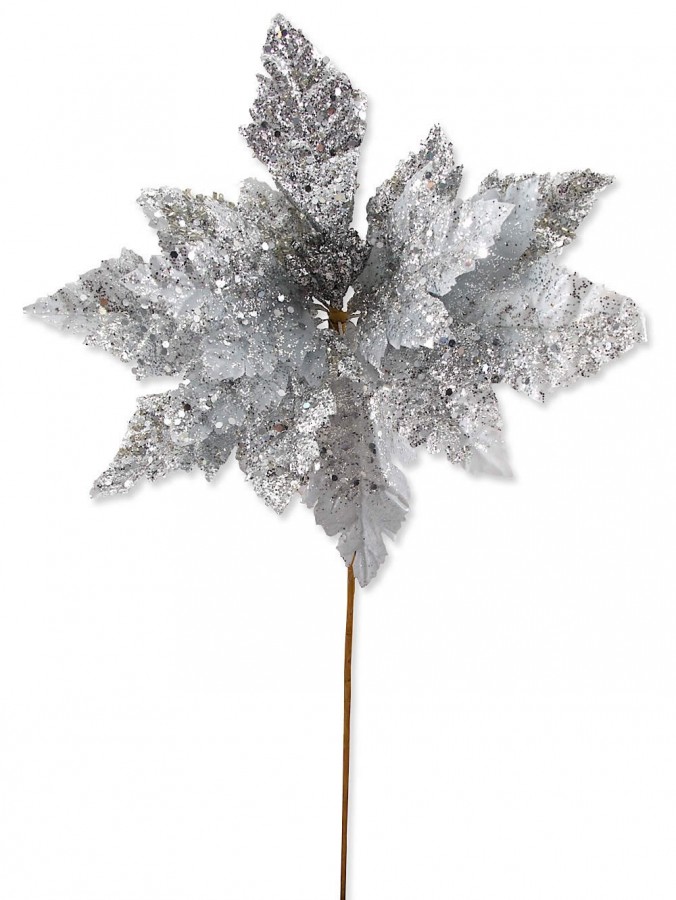 Silver Poinsettia Pick With Glitter & Glass Beads - 45cm