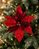 Giant Red Velour Poinsettia With Glitter Christmas Tree Clip Pick | 55cm