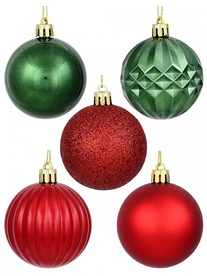 35x 60mm Red Pearl, Matte, Glitter & Shiny Green Christmas Baubles
