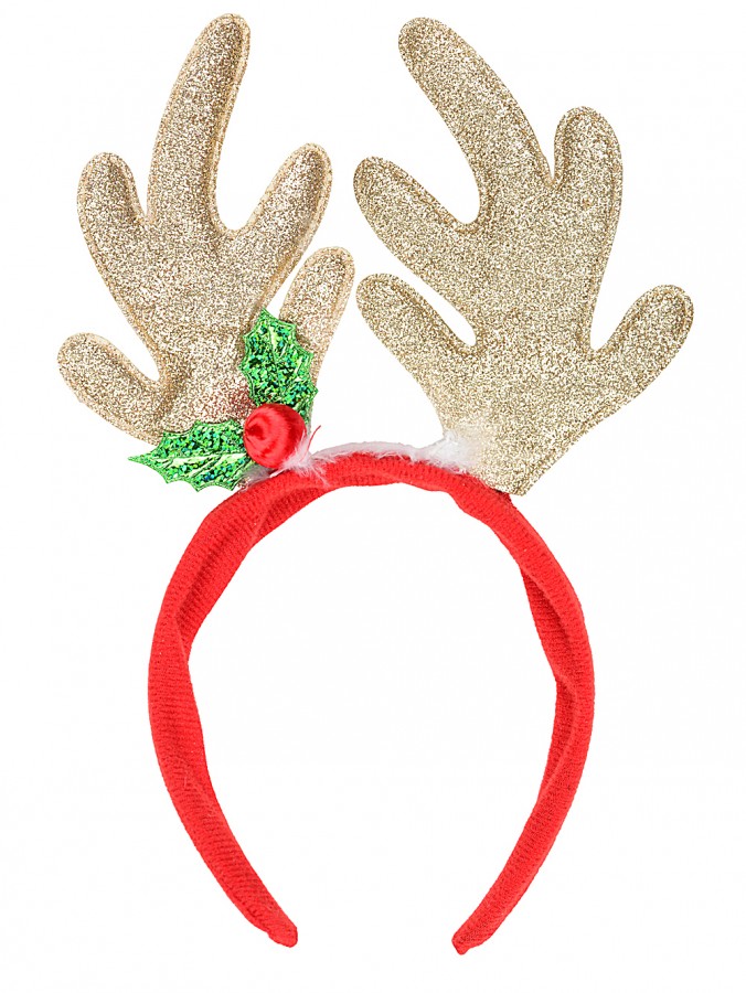 Gold Sequin Reindeer Antlers Headband With Mistletoe - One Size Fits Most