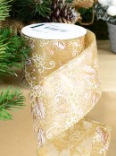 9m Holly Leaf & Berries On Gold Organza Wide Cut Ribbon 