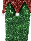 Green Sequin Jester Christmas Stocking With Red Cuff & White Poms - 43cm