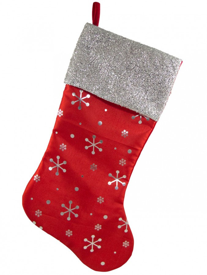 Red Satin Stocking With Silver Snowflakes - 49cm
