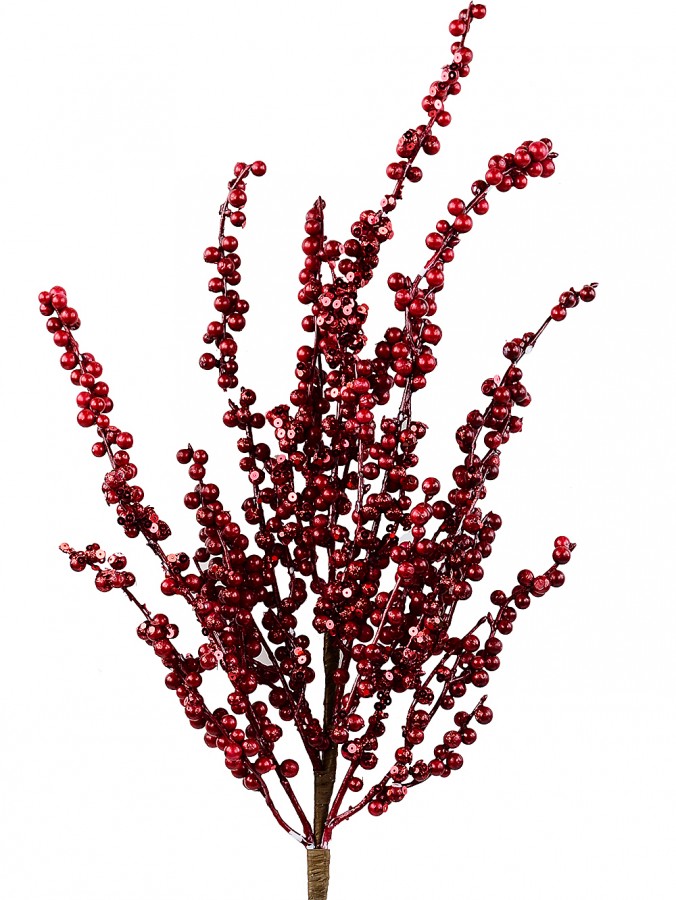 70cm Deep Red Berry Spray With Sequins Long Christmas Stem