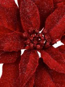 Deep Red Glittered Velvet Decorative Poinsettia Floral Pick - 28cm