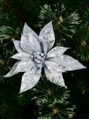 Silver Glitter & Sequin Poinsettia Christmas Flower Stem Pick - 19cm Wide