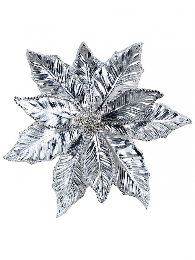 Imperial Silver Embossed Metallic & Beaded Poinsettia Clip Stem | 30cm