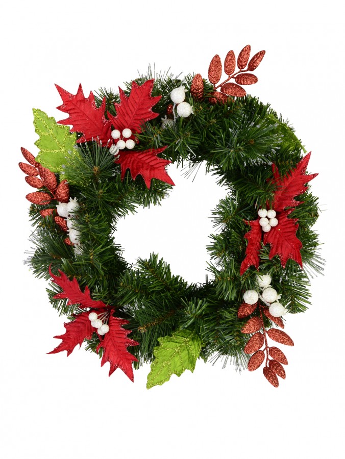 Green Pre-Decorated Wreath With Red & Green Leaves & White Berries - 47cm