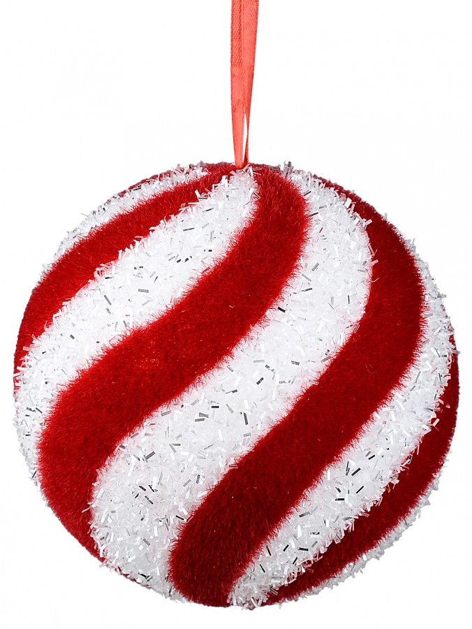 15cm Flocked Ball Bauble With White Tinsel Flecks & Red Candy Swirls