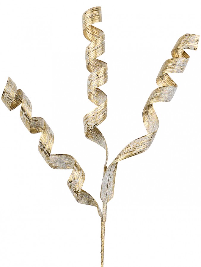 62cm Gold Curly Ribbon Spray With Iridescent Glitter Long Christmas Stem