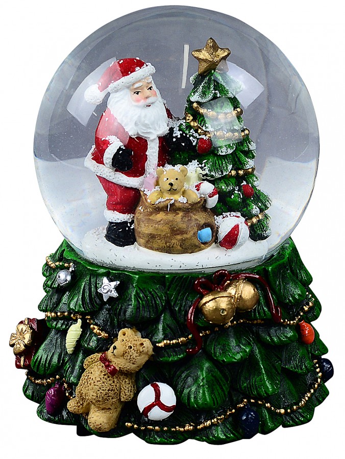 Santa, Tree & Gifts With Music & Lights Waterball Snow Globe Ornament - 14cm