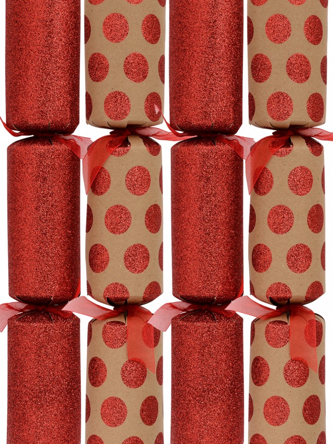 Red Full Glitter & Dots On Kraft Paper Christmas Cracker Bon Bons - 6 x 34cm