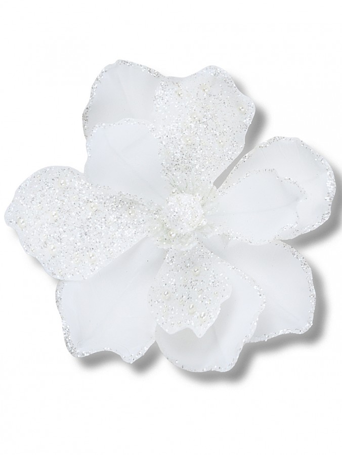 Antique White Papercraft Magnolia Jewelled Pearl Christmas Clip Stem | 18cm