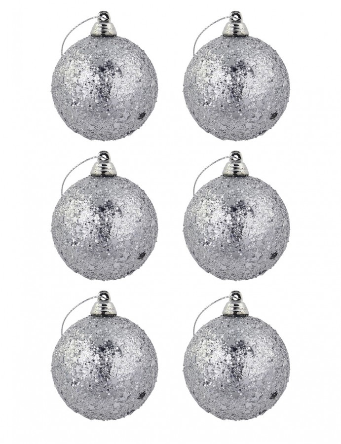 Silver Glitter & Star Covered Baubles - 6 x 60mm