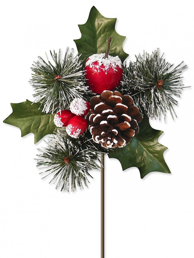 Frosted Pick With Pine Cone, Apple & Assorted Decorations - 14cm