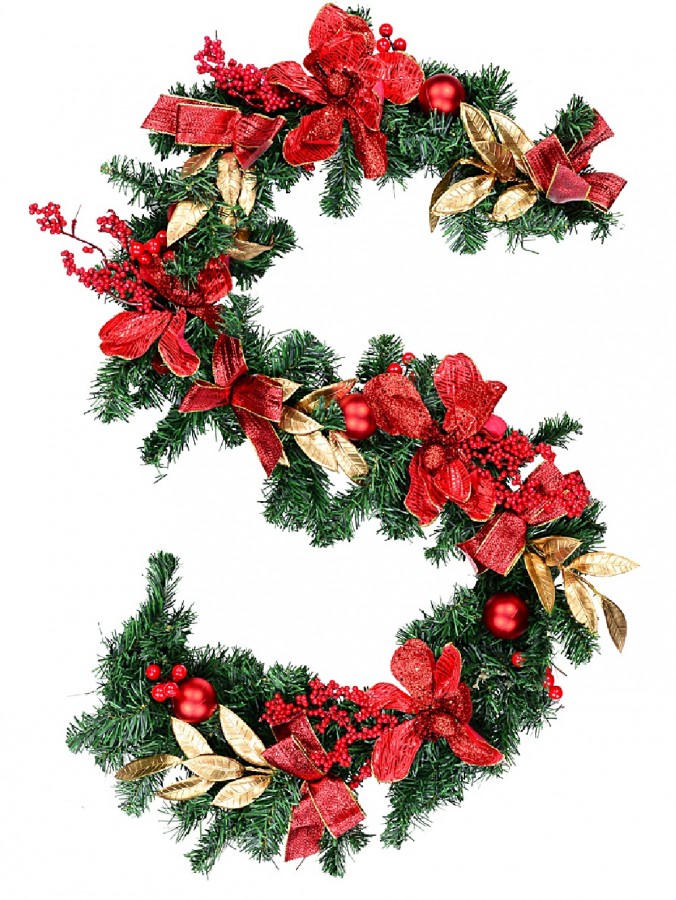 Decorated Red Bauble, Berry & Poinsettia & Gold Leaf Pine Garland - 1.8m