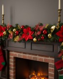 2.7m Decorated Red & Gold Poinsettia Christmas Garland | Baubles & Mesh Bows