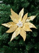 32cm Shiny Gold With Glitter & Frost Poinsettia Flower Christmas Tree Clip Pick