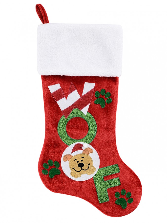 Red Velvet WOOF, Paws & Puppy Embroidered Christmas Dog Stocking - 48cm