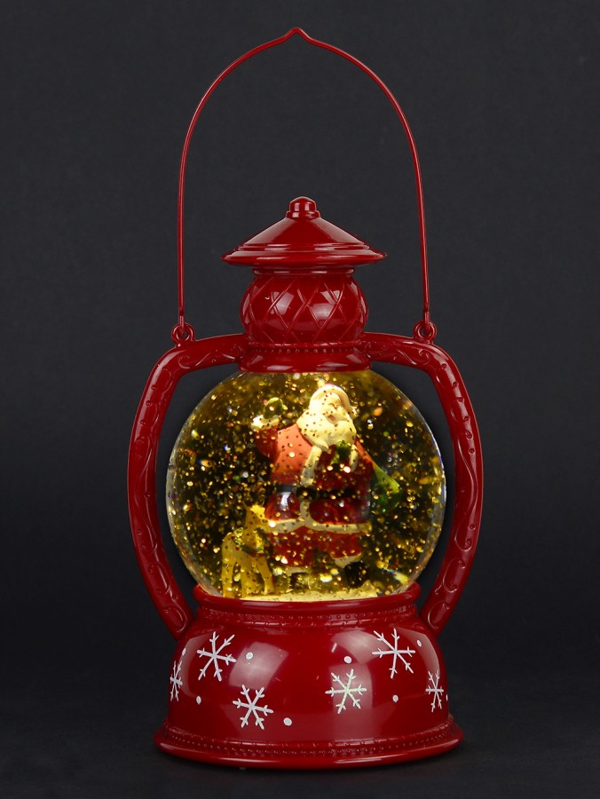 Santa & Reindeer In Hurricane Lamp Snow Globe Ornament - 20cm