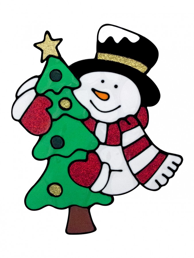 Snowman Holding Christmas Tree Window Cling - 26cm