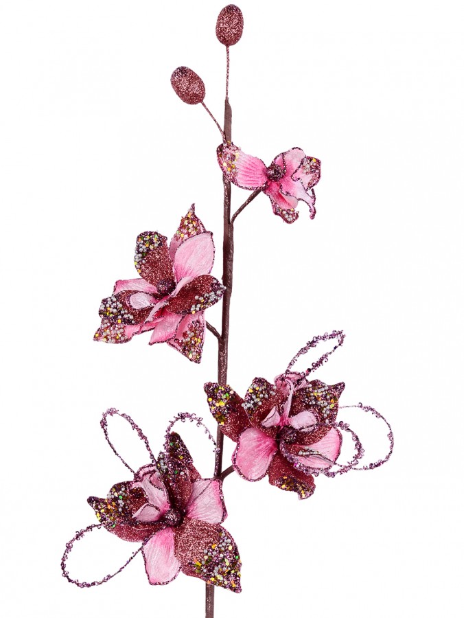 Pretty Pink Orchid Look With Glitz & Glamour Christmas Floral Spray Stem - 68cm