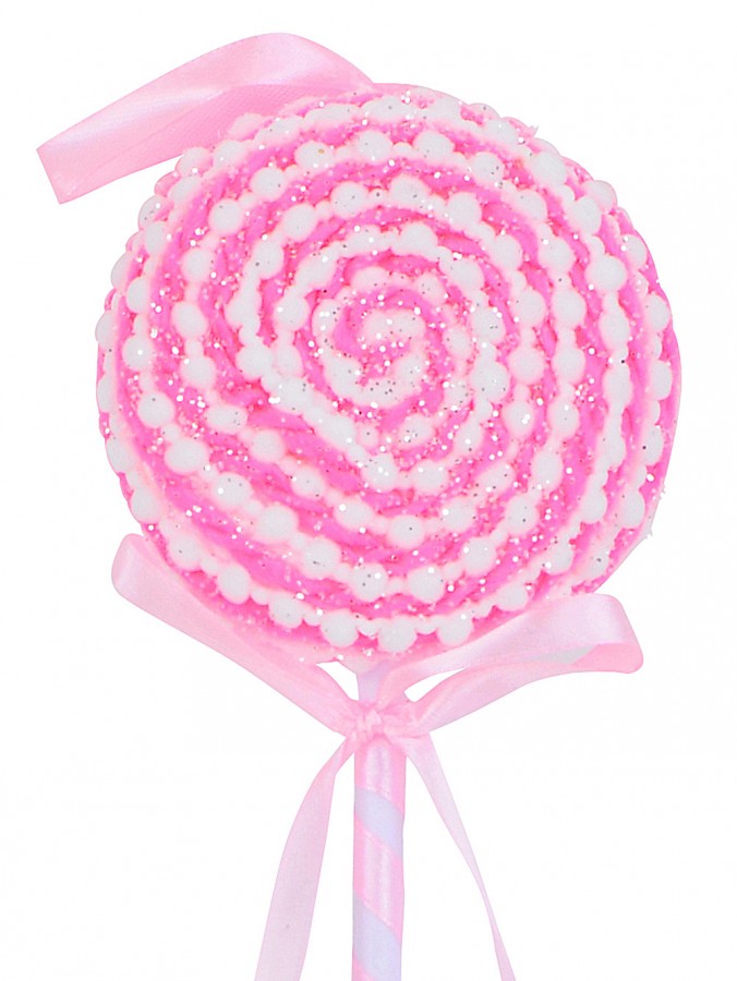 38cm Pink & White Lollipop Swirl With Satin Bow Long Christmas Stem