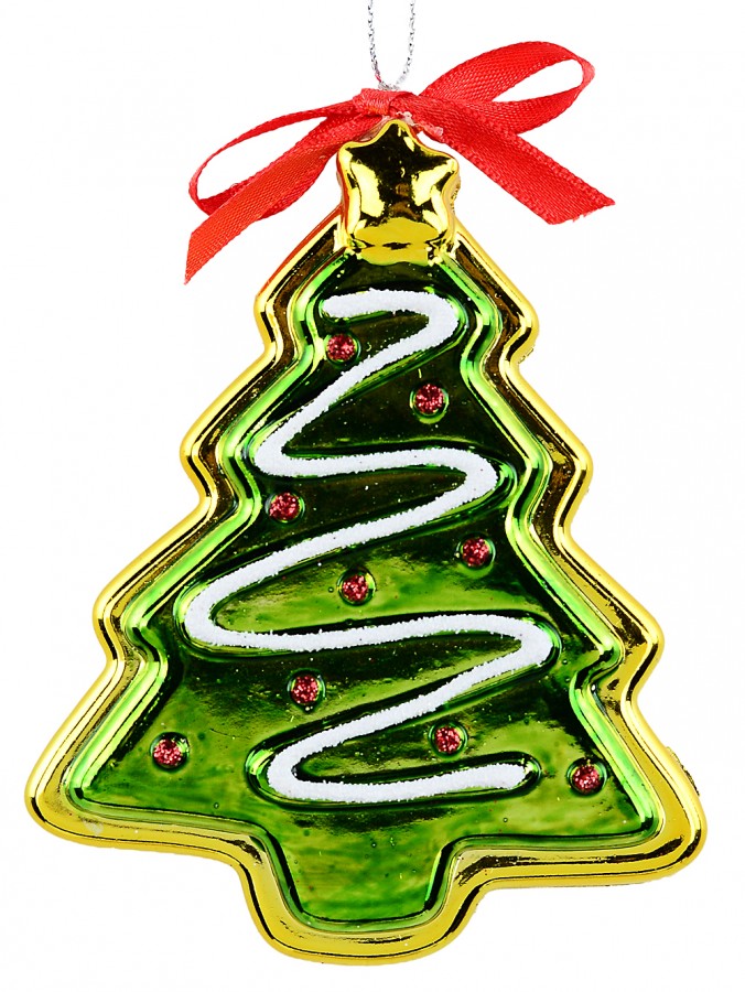 Whimsical Green & Gold Glossy Christmas Tree Shaped Ornament | 10cm