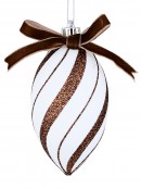 4x 12cm White Oval Finial Baubles With Brown Candy Swirl Glitter Lines & Bow