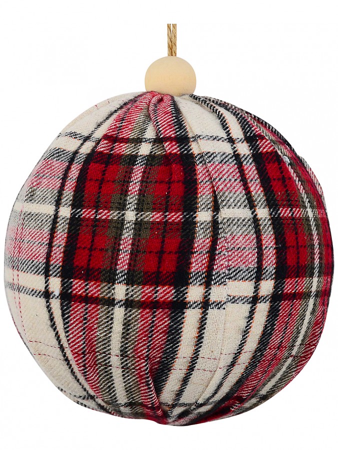 Traditional Red & Beige Tartan Plaid Fabric Bauble With Wooden Bead | 12cm
