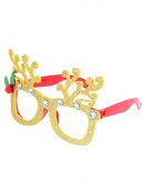 Gold Glitter Reindeer Antlers Fun Novelty Christmas Glasses - One Size Fits Most