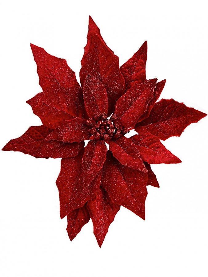Deep Red Poinsettia Pick With Glitter & Clip 28cm