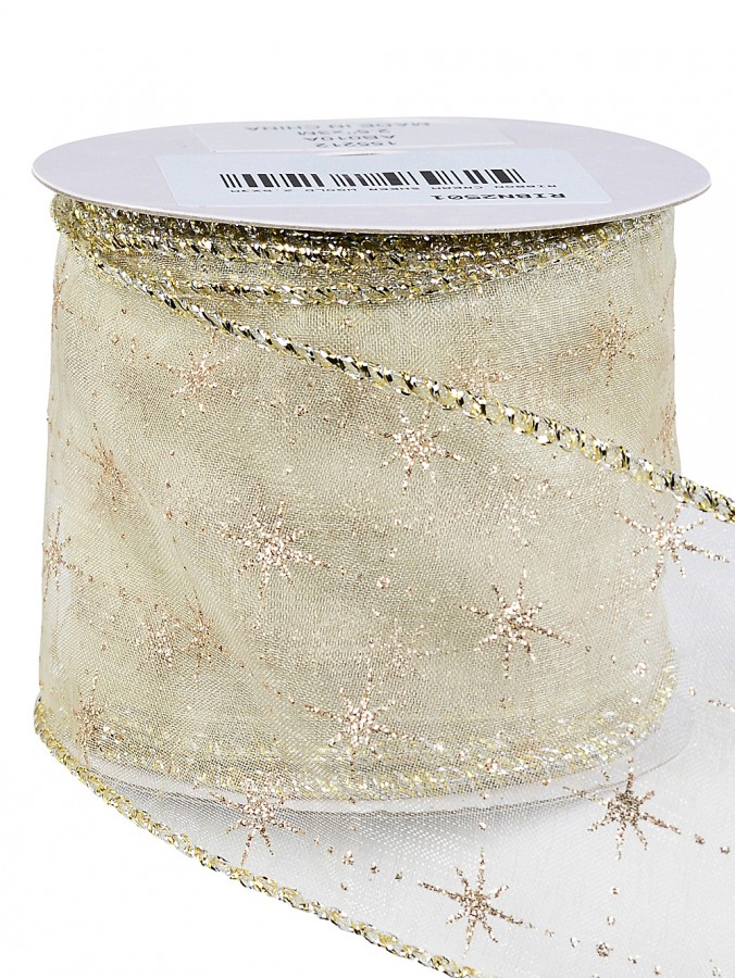 3m Gold Glitter Stars Pattern On Cream Sheer Wide Cut Ribbon