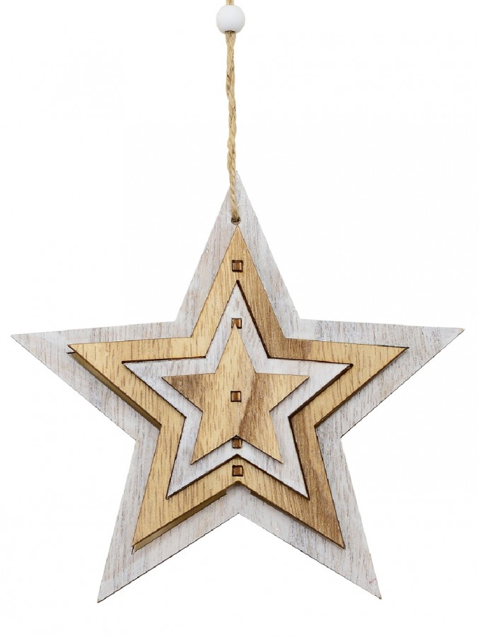 Natural & White Layered Wood Star Christmas Tree Hanging Decoration - 15cm