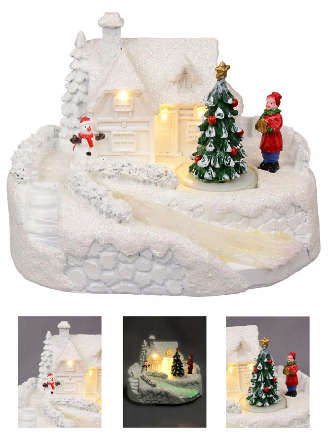 Snowy Winter Home With River Scene With LED Lights & Animated Tree - 13cm