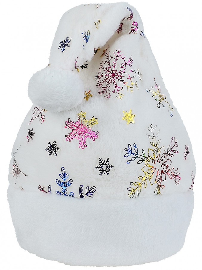 Plush Winter White With Multi Colour Snowflakes Santa Hat - One Size Fits Most