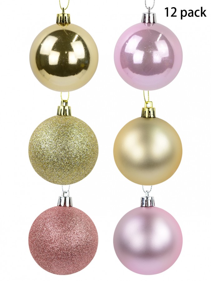 Blush Pink, Gold & Soft Pink Bauble Set in Gloss, Matte & Glitter - 12 x 60mm