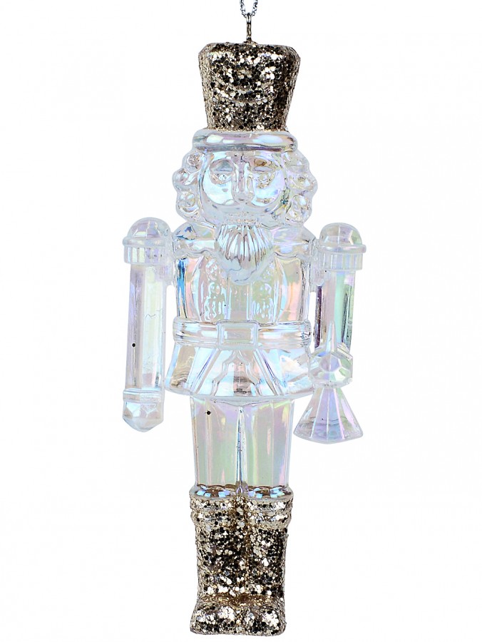 Clear Iridescent Tin Soldier Christmas Decoration With Champagne Glitter - 12cm