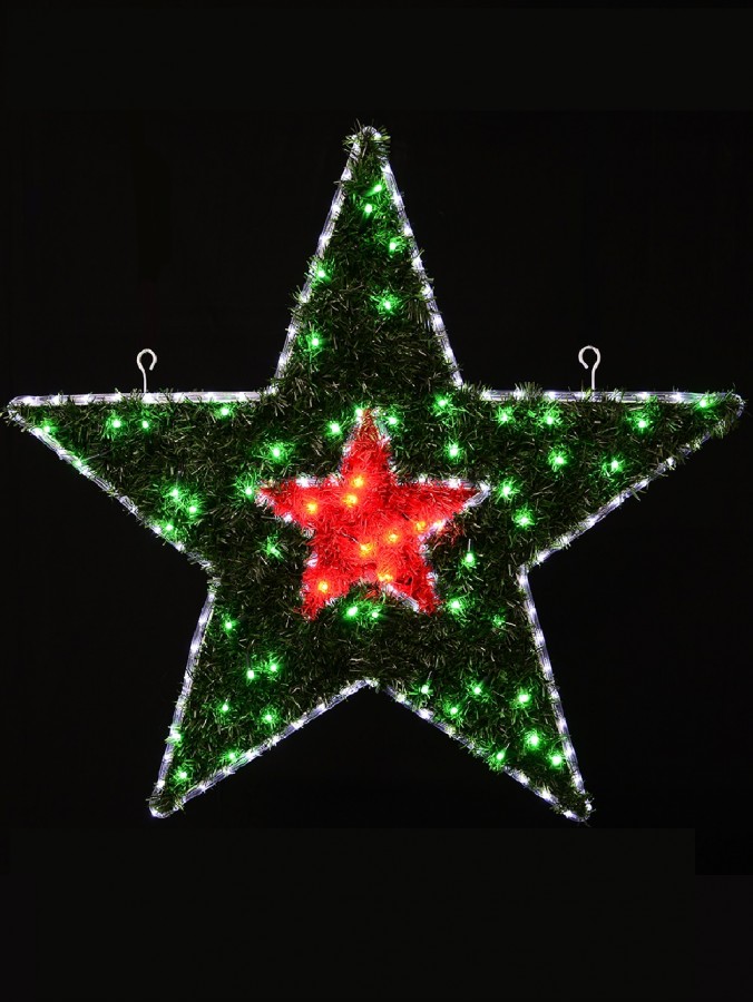 Red & Green Tinsel With Cool White LED Star Rope Light Silhouette - 95cm