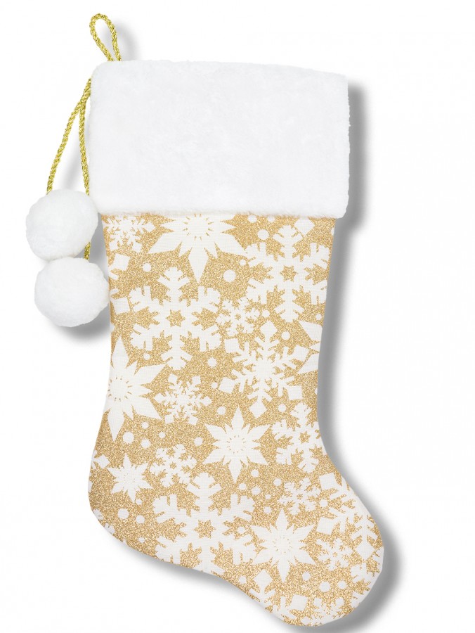 48cm Gold Snowflake Outline On White Stocking With Cuff & Pom Poms