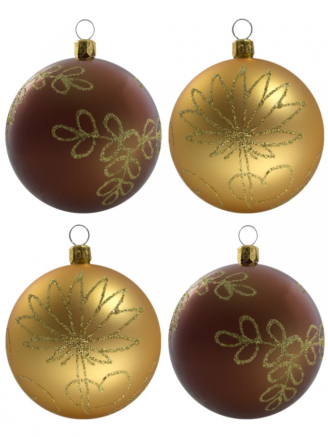 Chocolate & Gold baubles With Gold Glitter Pattern - 4 x 80mm