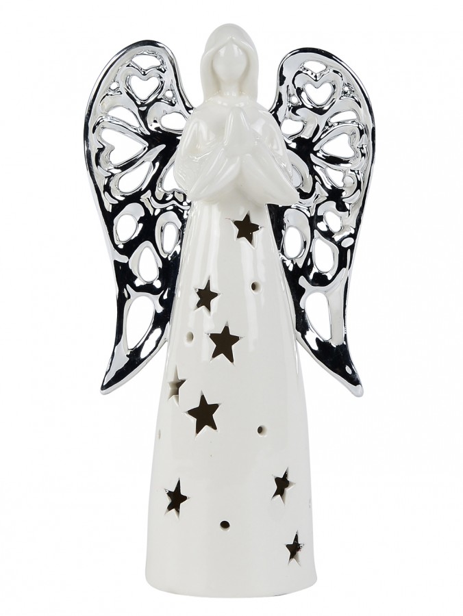 Glorious White Angel With Silver Wings Ceramic Christmas Ornament - 25cm