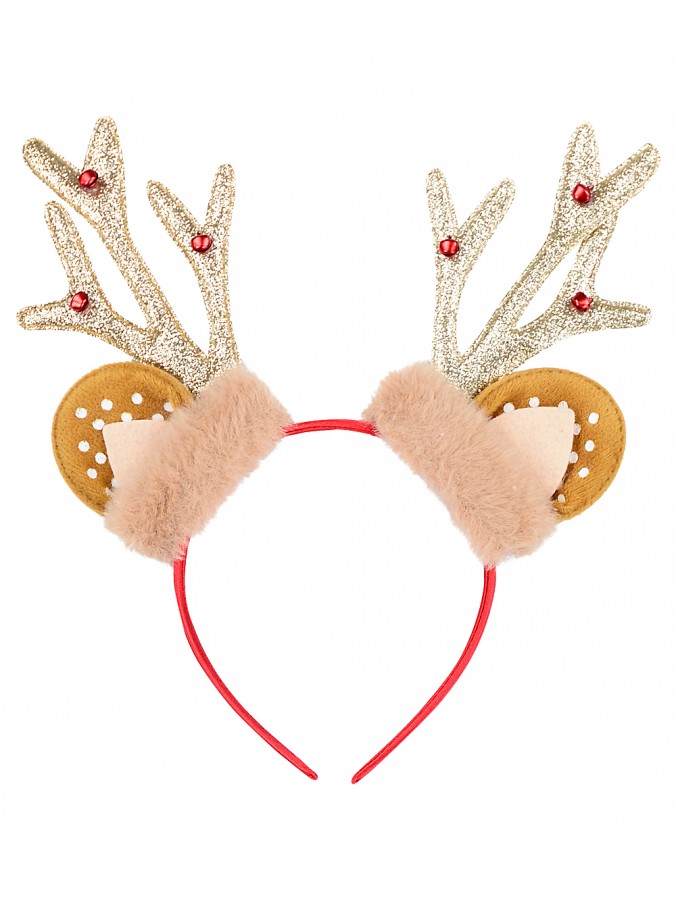Gold Glitter Antlers Headband With Spotted Ears & Jingle Bells | One Size