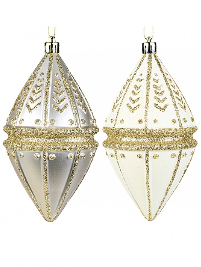 4x 14cm Ivory & Silver Oval Finial Baubles With Gold Glitter Embellishment
